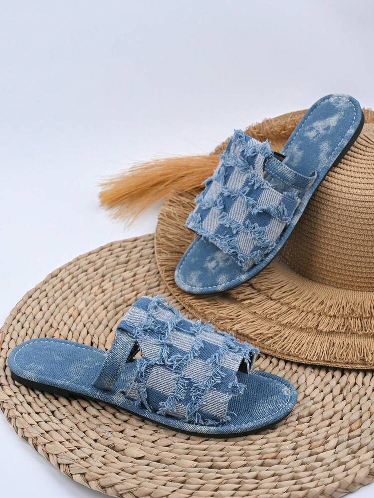 大码女士纯色拖鞋，休闲露趾平底夏季鞋，轻便套脚凉鞋 - 藍白色 - 查看 7