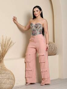 Women's Wide Leg Cargo Pants, High Waist, Tailored, Marrant Style, Palazzo Pants With 4 Utility Pockets, Premium Streetwear - 淺粉色 - 查看 3