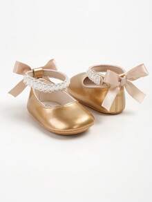 Sepatu Flat Mary Jane untuk Bayi Perempuan Baru Lahir, Dekorasi Pita, Sol Lembut Anti Selip, Sepatu Bayi Pra-berjalan dari Kulit PU, Pita Mutiara - Emas - View 7
