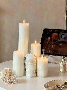 Ins Style 高级白色香薰蜡烛套装，竖条纹齿轮柱形香薰蜡烛，尖头长杆香薰蜡烛，玫瑰柱形蜡，大豆蜡制成，内含香薰蜡烛，可燃烧 48 小时，蜡烛中心，中东斋月装饰，开斋节礼物，送给她的礼物，冬季礼物，生日礼物，派对装饰蜡烛，氛围装饰蜡烛，家居装饰蜡烛。 - 垂直條紋齒輪蠟燭/長桿 - 查看 3