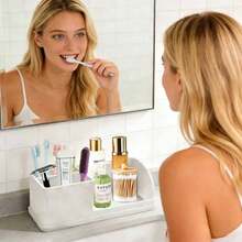 一套可拆卸硅胶浴室牙刷架、化妆品收纳盒和水槽整理架，包含带沥水功能的皂碟，多功能用途 - 白大理石款 - 查看 3