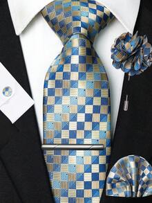 1/2/3/4/5 Pcs Men's Blue Plaid Necktie, Pocket Square, Silver Tie Clip, Cufflinks And Lapel Pin Combination Set, For Workplace, Business, Meetings, Weddings - Baby Blue - View 12