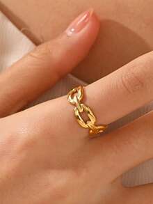 1pc 18K Gold Plated Stainless Steel Geometric Ellipse Open Ring, Suitable For Women's Daily, Party Wear, Holiday Gift - Gold - View 1