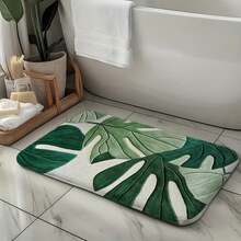 A Set Of Bathroom Short Plush Mats Featuring A Tropical Green Leaf Pattern, Including A Toilet Seat Cover, A U-Shaped Toilet Mat, Made Of Soft Flannel Material, Designed To Be Non-Slip - Nhiều màu - Xem 5