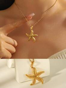 1件欧美时尚海滩度假风18K镀金不锈钢海洋系列海星吊坠项链，适合男士、女士、情侣日常佩戴、度假、派对，也可作为装饰和礼物。 - 金色 - 查看 3