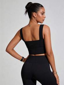 Runway Rest 纯色罗纹运动文胸，适合锻炼，防震，带衬垫，无缝运动文胸，女士聚拢文胸，无缝内衣，女士性感内衣文胸 - 黑色 - 查看 2