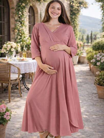 Vestido maternidad largo elegante para dama mujer ropa embarazo ropa para embarazada juvenil moderna suave evento baby shower de noche embarazada cruzado manga media cuello v cruzado corte amplio fresco ligero diario cena cita sesion de fotos calle femenino bohemio elegante outfit primavera verano otoño invierno posparto
