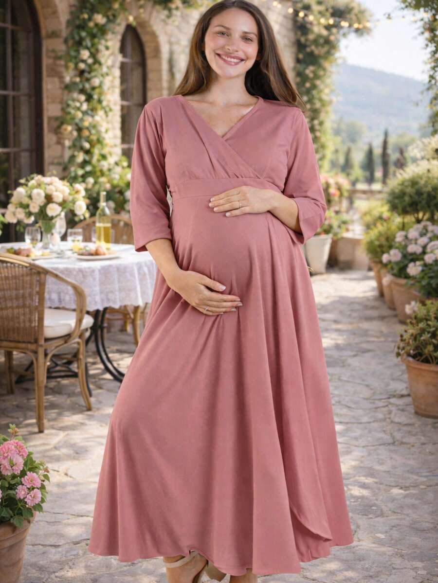 Vestido maternidad largo elegante para dama mujer ropa embarazo ropa para embarazada juvenil moderna suave evento baby shower de noche embarazada cruzado manga media cuello v cruzado corte amplio fresco ligero diario cena cita sesion de fotos calle femenino bohemio elegante outfit primavera verano otoño invierno posparto - Rosa - Ver 1