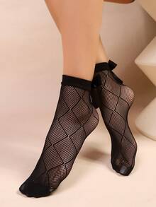 女士薄款踝袜 女士蝴蝶结中筒袜 新款印花中筒袜 3D蝴蝶结女士袜子 - 黑色 - 查看 3