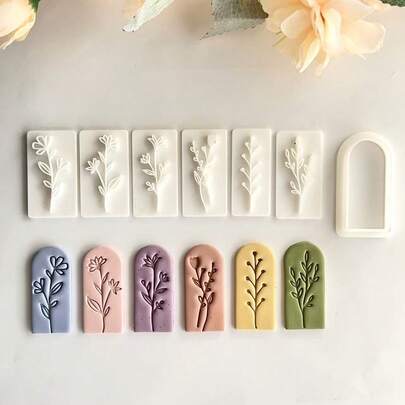 7pcs Spring Series Leaf & Flower Shaped Imprint Mold Set, Polymer Clay Printing Tool Kit, DIY Jewelry Pendant Handmade Clay Art Supplies