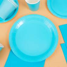 Bộ đồ dùng tiệc dùng một lần màu xanh nhạt gồm đĩa, khăn ăn và cốc - dành cho 10 người, thích hợp cho sinh nhật, đám cưới, tiệc theo chủ đề, dã ngoại gia đình. - Kiểu 5 - Xem 5