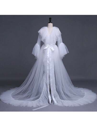 Women Sexy Tulle Night Robe Sheer Mesh Perspective Sleepwear V-Neck Ruffles Floor Long Bath Robe