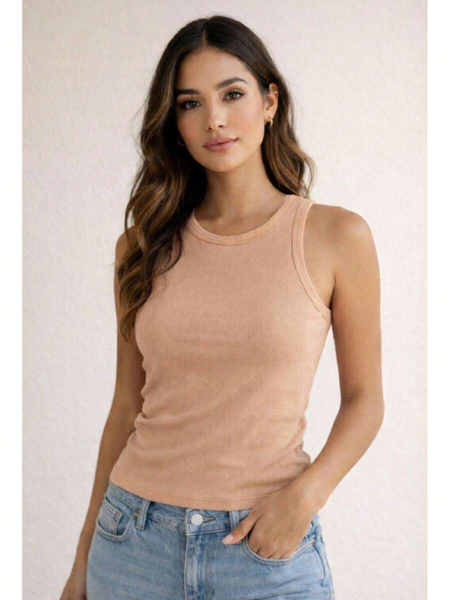 Women's Basic Ribbed Premium Sleeveless Tank Top, Comfortable, Fitted To The Body, Casual, Gym, Everyday, Women's Fashion - Nude - View 1