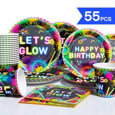 涂鸦荧光一次性餐盘、餐巾纸、杯子，10人份派对用品套装，一次性纸盘，适用于生日、婚礼、主题派对、家庭野餐等场合。