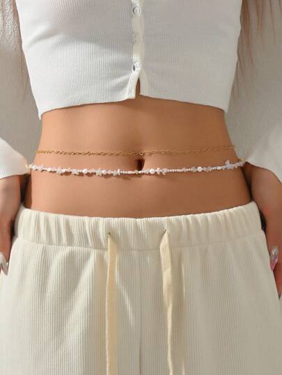 2 pièces Chaîne de taille à double couche avec perles imitant des pierres asymétriques et pendentif en forme de cœur, convient pour le port quotidien, les vacances, les fêtes et la plage pour les femmes