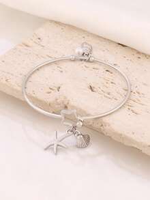 1 pieza Brazalete de acero inoxidable con colgante de concha, estrella de mar y caracol, brazalete abierto de moda con perlas y encantos del océano - pulsera - Ver 2