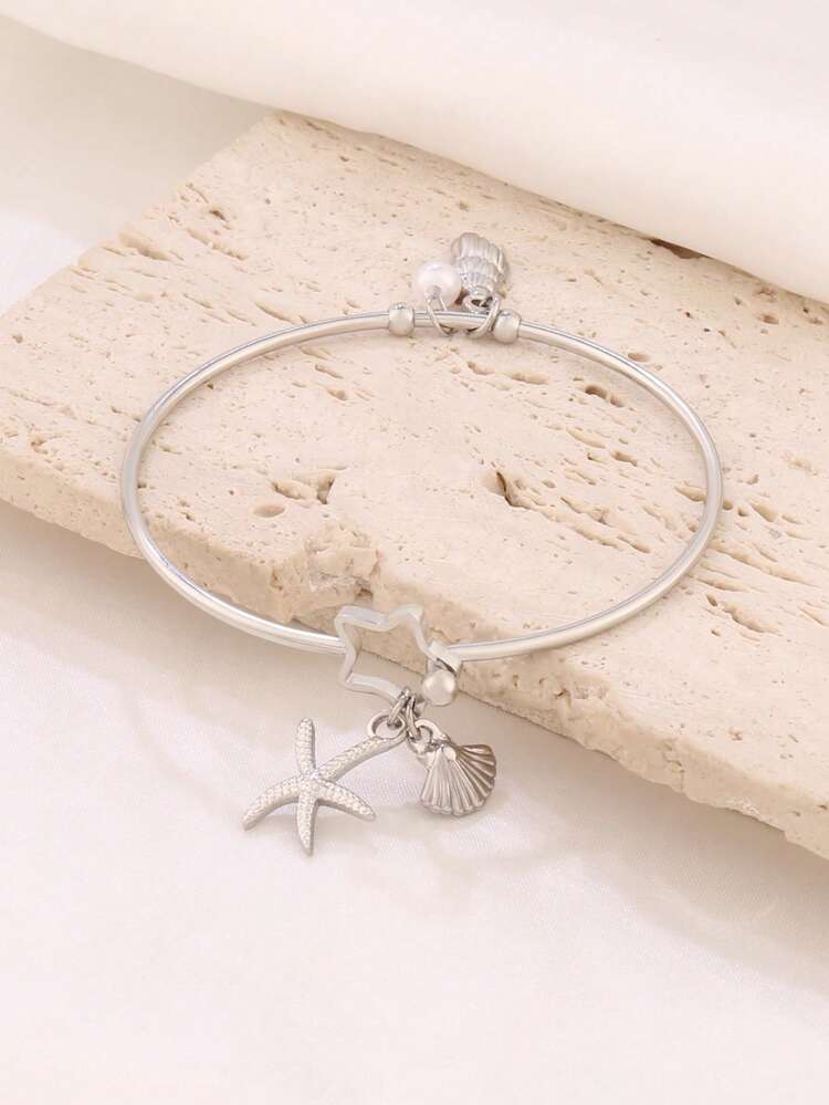 1pc Stainless Steel Shell Starfish Conch Pendant Bangles Fashion Open Bangle Pearl Ocean Charms Bangle Bracelet Jewelry - Bracelet - View 2