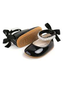 Newborn Infant Girls' Mary Jane Flats With Bow, Non-Slip Soft Bottom PU Leather Infant Prewalker Shoes With Pearl Ribbon - Black - View 4