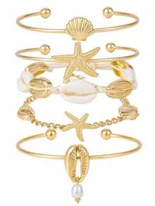 Shell Bracelet, Bohemian Beaded Elastic Bracelet, Summer Beach Shell & Star Pendant Bracelet Set, Gold-Plated Layering Bracelets For Women - Multicolor - View 1