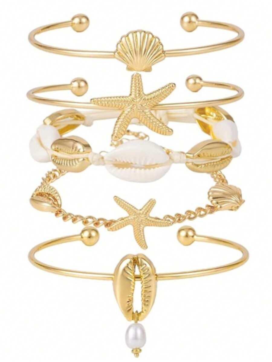 Shell Bracelet, Bohemian Beaded Elastic Bracelet, Summer Beach Shell & Star Pendant Bracelet Set, Gold-Plated Layering Bracelets For Women - Multicolor - View 1