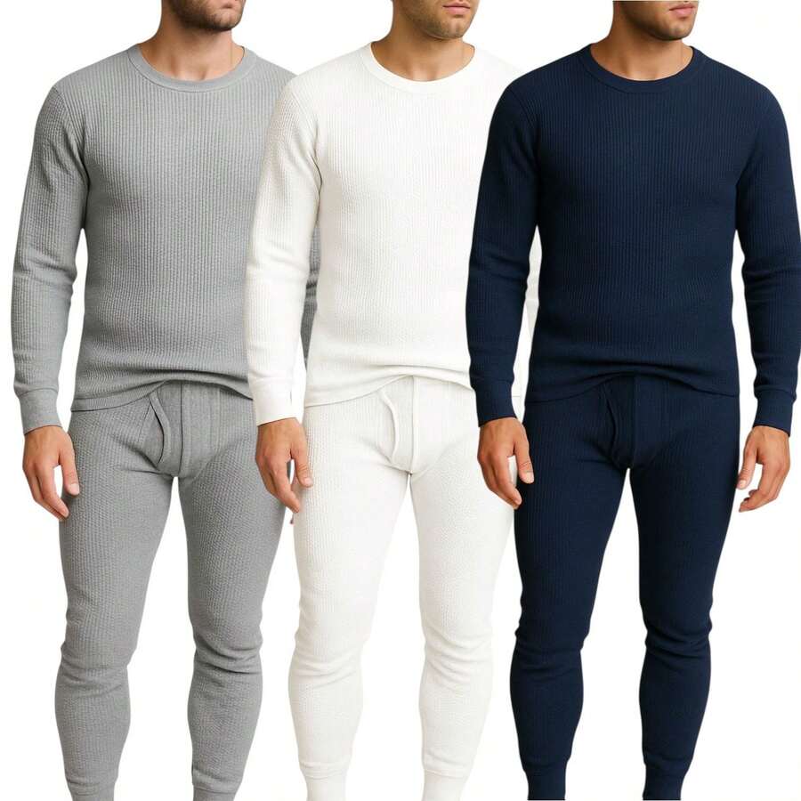 Men's 3 Pack Full Thermal Sets Ultra Soft 6 Piece Cotton Top And Bottom Set - PUTIH/NVY/ABU-ABU - View 1