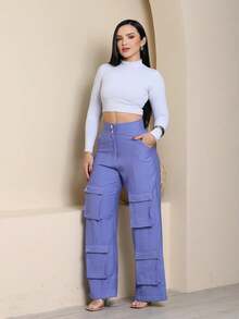 Women's Wide Leg Cargo Pants, High Waist, Tailored, Marrant Style, Palazzo Pants With 4 Utility Pockets, Premium Streetwear - 霧霾藍 - 查看 1
