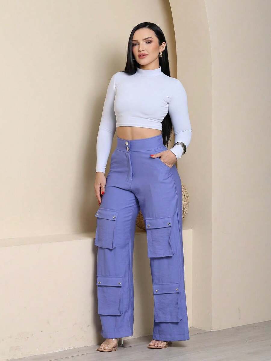 Women's Wide Leg Cargo Pants, High Waist, Tailored, Marrant Style, Palazzo Pants With 4 Utility Pockets, Premium Streetwear - 霧霾藍 - 查看 1