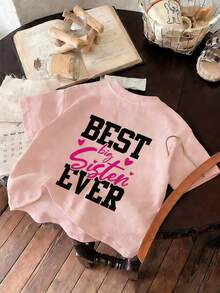 Camiseta de cuello redondo de manga corta con estampado gráfico informal para niña, top de verano - Rosa - Ver 8