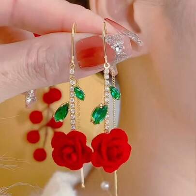 1 Pair Red Flocked Rose Tassel Earrings, Long Design To Flatter Face Shape And Slim Appearance, Versatile And Chic Earrings