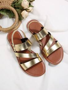 Giày sandal đế bằng nữ kiểu dáng châu Âu và Mỹ, thoải mái, mũi tròn, gót thấp, thích hợp đi biển mùa hè. - Vàng - Xem 8