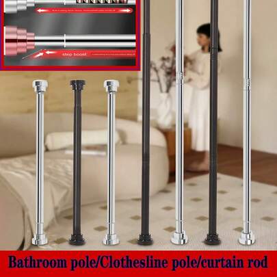 1pc Adjustable Stainless Steel Tension Curtain Rod, Drill-Free Shower Curtain Rod, Tension Curtain Rod, Utensil Hanger, Movable Tension Rod, Extendable Metal Rod For Drying Clothes, Storage Rod, Kitchen Tool Hanger, Curtain Hanging, No Drilling Installation, Bedroom, Bathroom, Balcony Multi-Size Telescopic Rod, Multi-Functional Bedroom, Balcony, Wardrobe, Outdoor Clothesline Rod, Shower Curtain Rod, Telescopic Rod, Suitable For Home, Gifts, Decoration, Extra Long No-Drill Installation Stainless Steel Tension Curtain Rod
