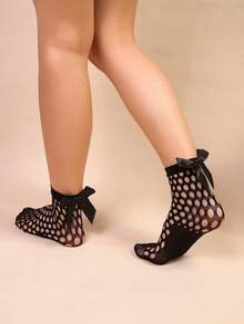 1双女士蕾丝短袜，女士蝴蝶结中筒袜，花卉图案丝袜 - 黑色 - 查看 4