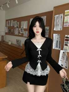 女士蕾丝拼接蝴蝶结修身长袖衬衫，春夏款，黑色 - 黑色 - 查看 2