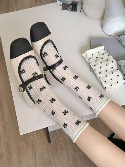 4 Pairs Ballet Style Ruffle Socks - Summer Thin Mid-Calf Socks, Quick Dry, Mesh Hollow Design, Bow/Polka Dot Socks, Elegant Ruffle Socks