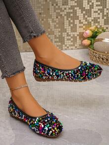 1 Pasang Sepatu Balet Elegan dengan Hiasan Payet Pelangi untuk Wanita, Cocok untuk Pesta Liburan - Hitam - View 4