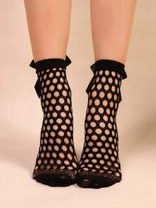 1双女士蕾丝短袜，女士蝴蝶结中筒袜，花卉图案丝袜 - 黑色 - 查看 6