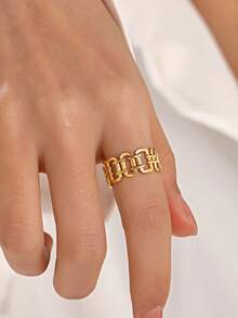 1pc 18K Gold Plated Stainless Steel Minimalist Geometric Line Open Ring, Suitable For Women's Daily Wear - Gold - View 1