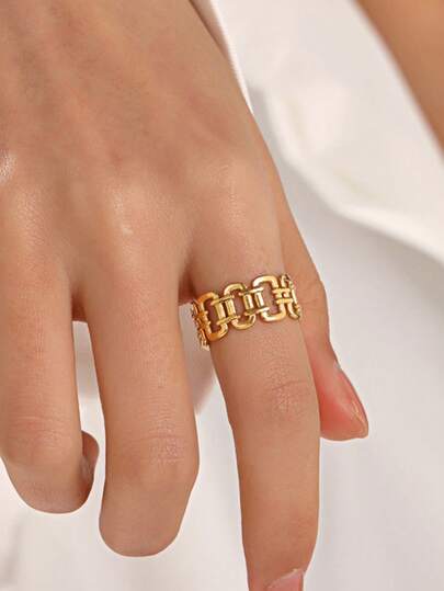 1pc 18K Gold Plated Stainless Steel Minimalist Geometric Line Open Ring, Suitable For Women's Daily Wear