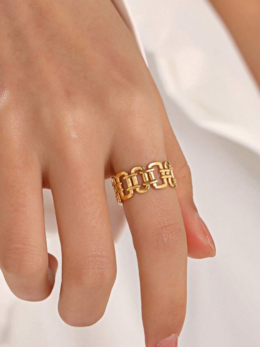 1pc 18K Gold Plated Stainless Steel Minimalist Geometric Line Open Ring, Suitable For Women's Daily Wear - Gold - View 1