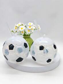 1pc Football Shaped Straw Cup, Plastic World Cup Soccer Water Bottle (Non-Electric) - Multicolor - View 3