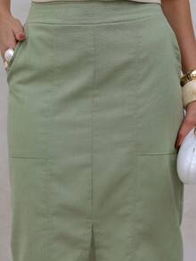 Linen Midi Skirt With Stylish Slit And Flexible Waistband - 鼠尾草綠 - 查看 5
