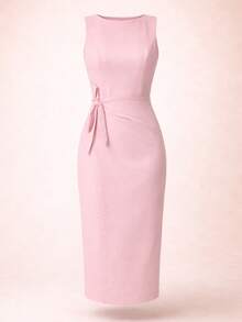 Women's Tailored Midi Dress With Waist Belt – Elegant For Parties, Weddings, And Social Events - Màu Hồng baby - Xem 5