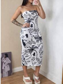 Women's Strapless Dress With Tropical Toucan Print – Elegant Summer Dress - 白色 - 查看 1