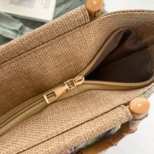 Countryside Style Linen Tote Bag, Bamboo Handle Large Capacity Tote Bag, New Spring/Summer Retro Jacquard Bamboo Handle Linen Texture Commuter Bag - Multicolor - View 7