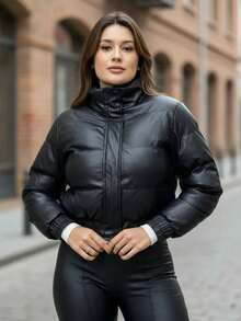 Women's Leather Puffer Jacket For Winter - Black - View 3