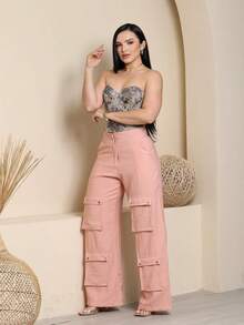 Women's Wide Leg Cargo Pants, High Waist, Tailored, Marrant Style, Palazzo Pants With 4 Utility Pockets, Premium Streetwear - 淺粉色 - 查看 6