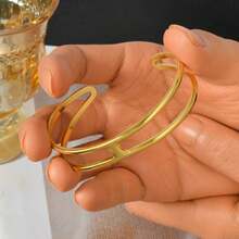 1件简约时尚18k镀金双层H形不锈钢手链，设计坚固，休闲风格，女士日常时尚百搭饰品 - 金色 - 查看 4