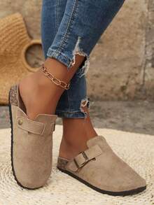 Women's Suede Mule Slippers, Casual Shoes, Flat Slippers, With Metal Buckle Decoration, Round Toe, Non-Slip Rubber Sole, Suitable For Spring And Summer Home Wear And Outdoor Vacations - 卡其色 - 查看 6