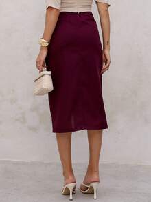 Linen Midi Skirt With Stylish Slit And Flexible Waistband - 如圖 - 查看 2