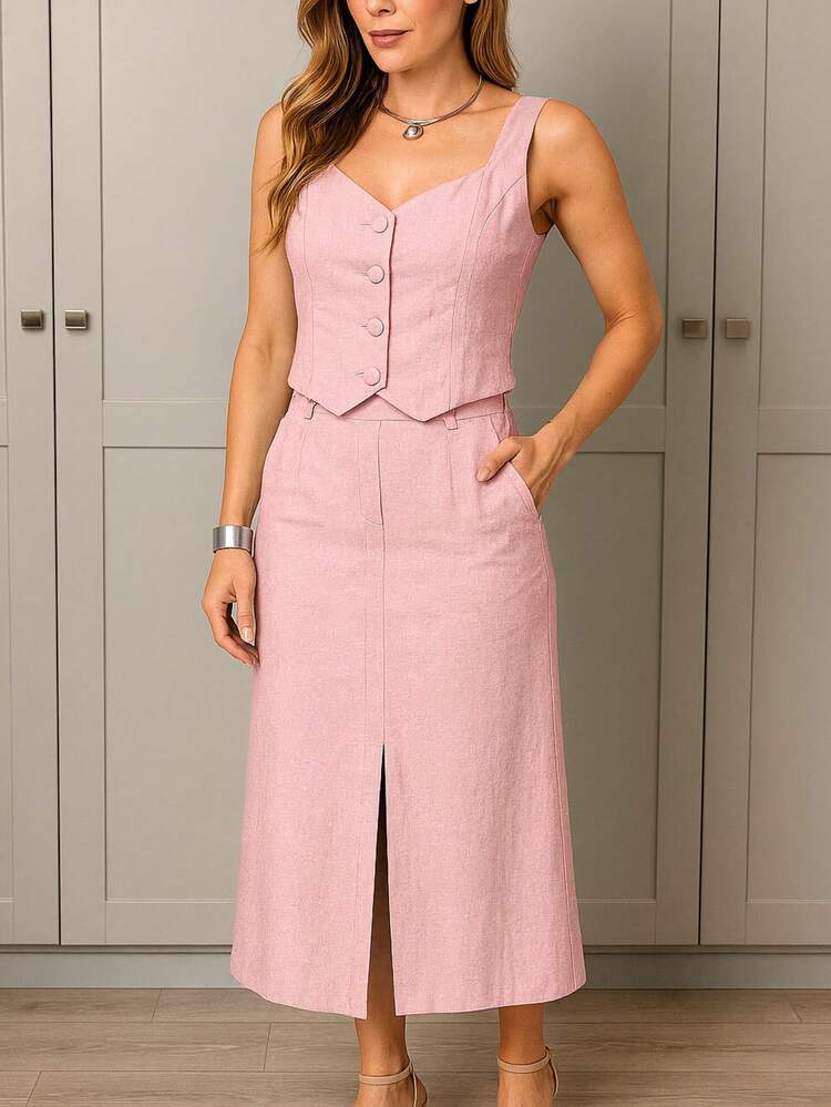 Conjunto Elegante Feminino Saia e Colete Alfaiataria - Rosa Bebê - Visão 4